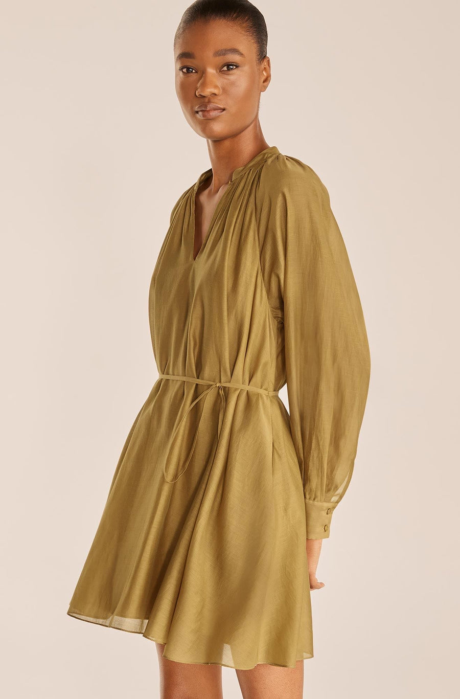 Long Sleeve Silk Cotton Dress, Golden Olive